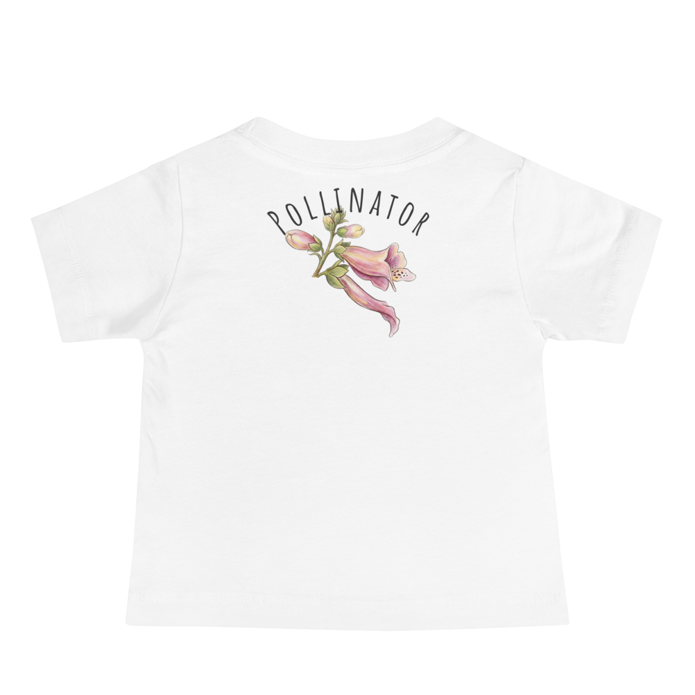 back side view of a White t-shirt with floral design and 'Pollenator' text on a white background