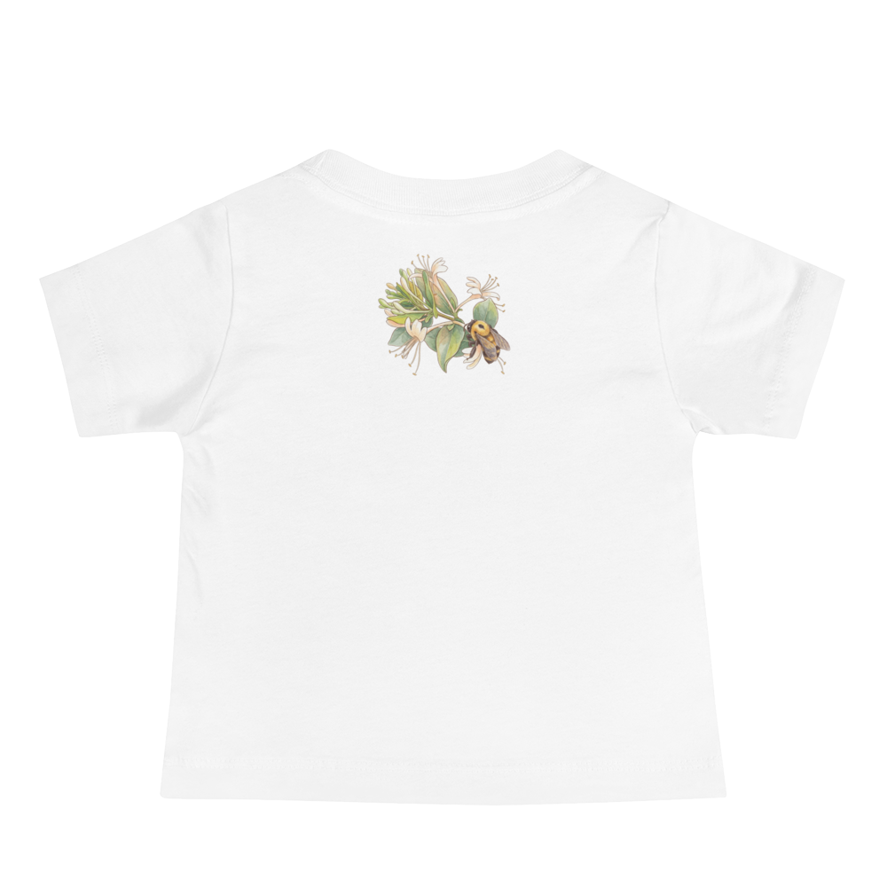White t-shirt with a small bee graphic on the chest against a white background