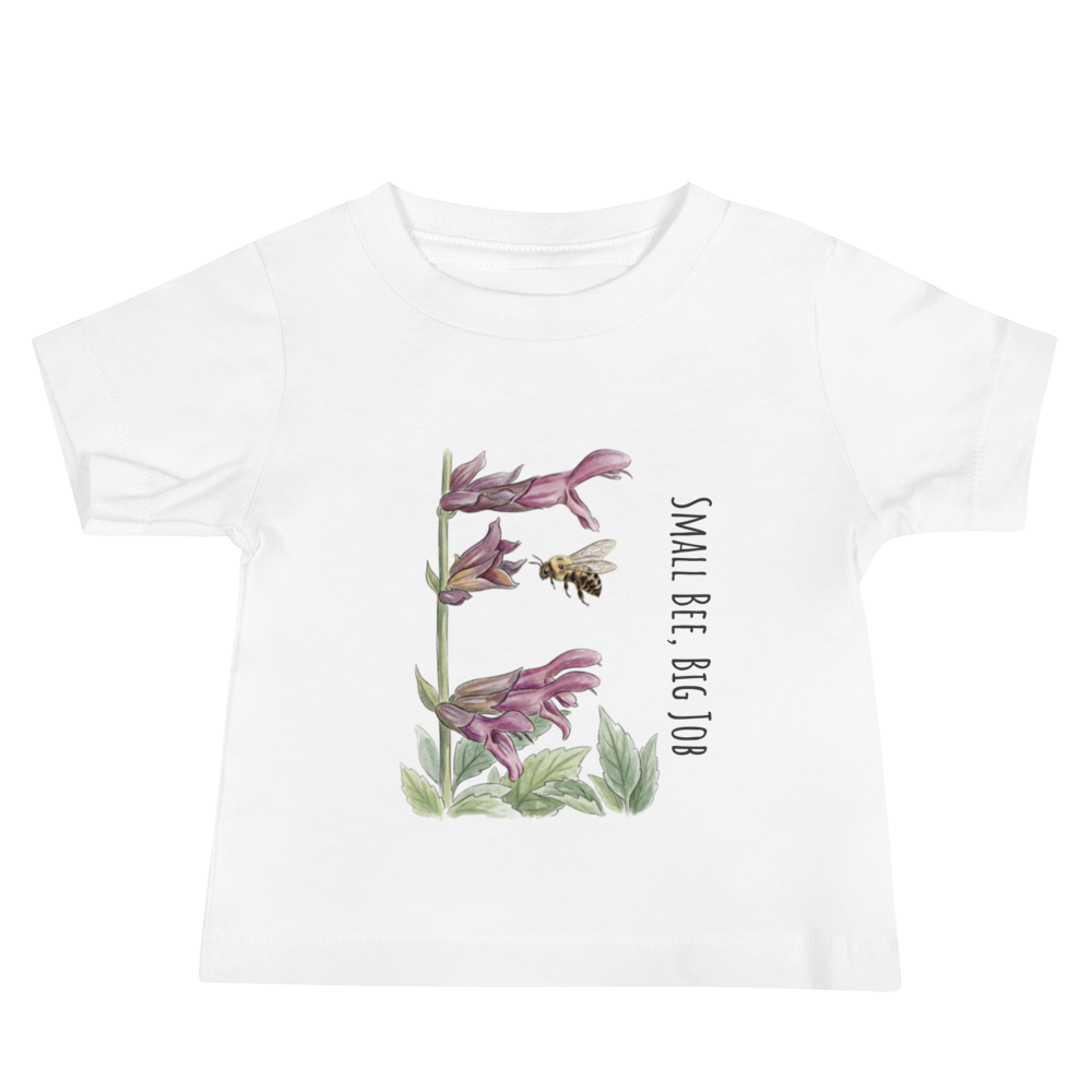 White t-shirt with a graphic of flowers and a bee, and text 'Small Bee Big Job' on a white background.