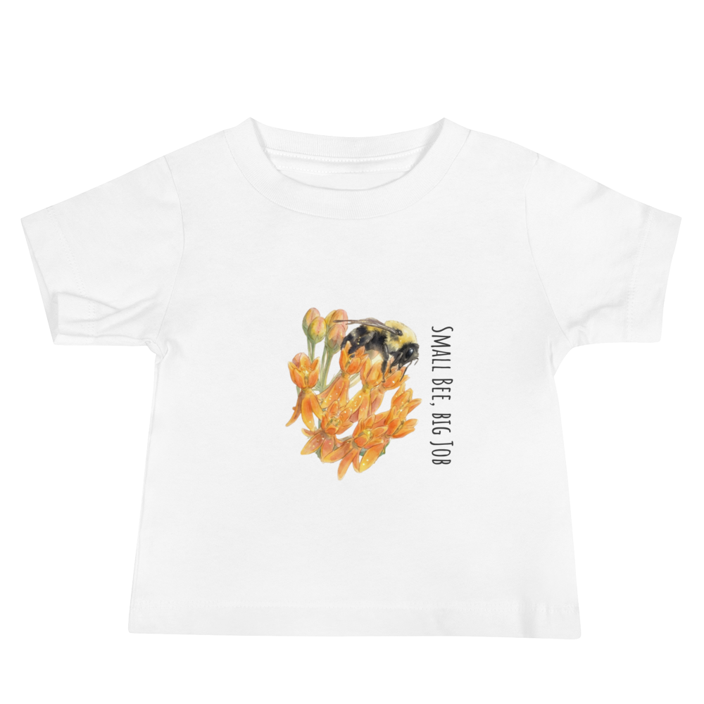 White t-shirt with a bee and flower design on a white background