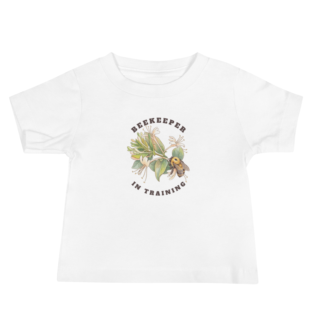 White t-shirt with 'Beekeeper in Training' graphic on a white background