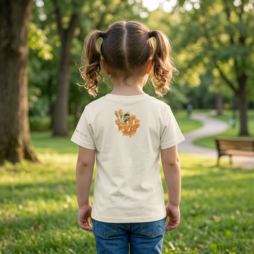 Back view of a Child wearing a t-shirt with a nature-themed design in a park