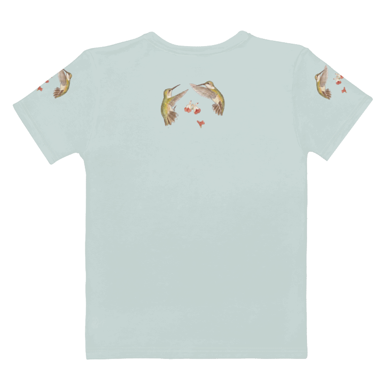 back view of a light blue t-shirt with a graphic of hummingbirds and text "Nature's Little Pollinators" on the front