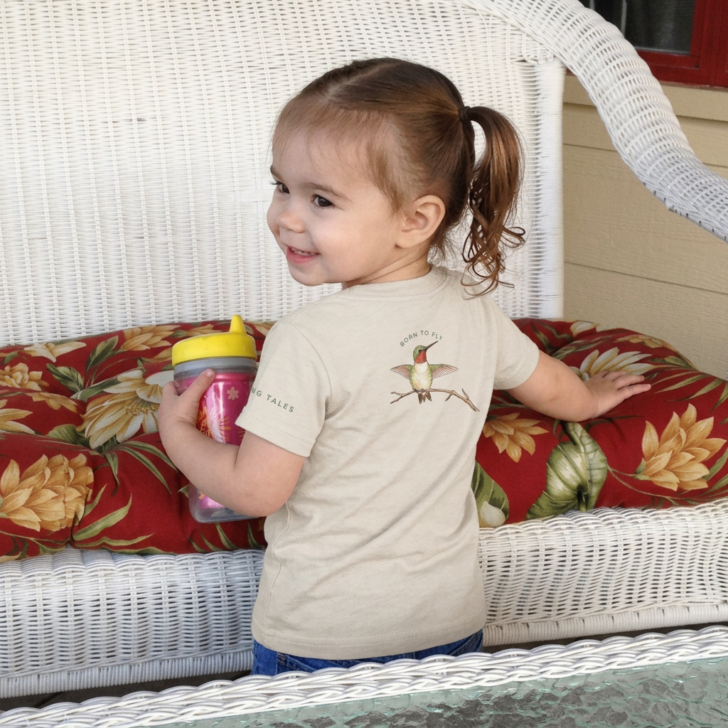 Back view of a Child holding a sippy cup wearing a hummingbird design tee shirt. Tinywing Tales. 
