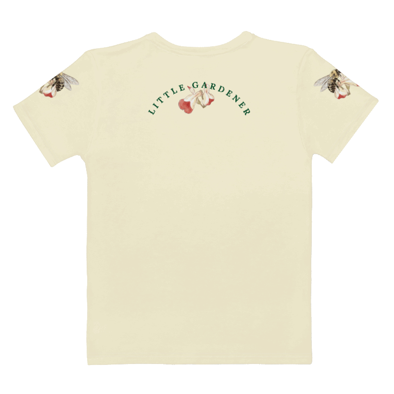 Light yellow t-shirt with text "Little Gardener" on back