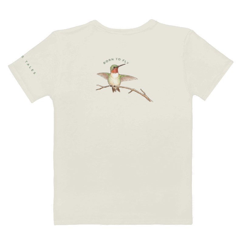 backview Beige t-shirt with a hummingbird graphic.