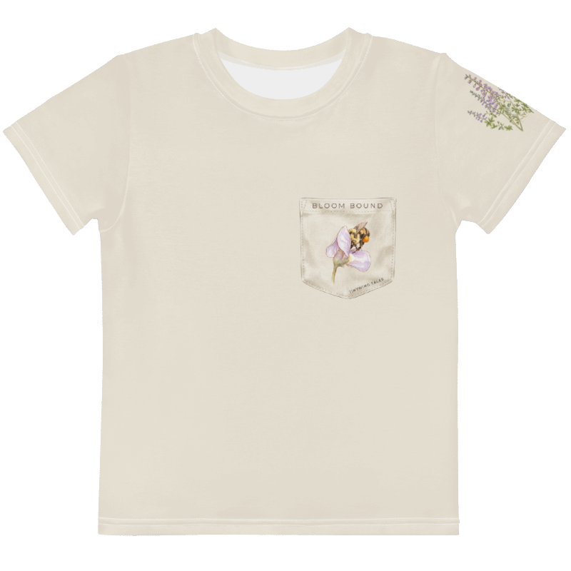 Beige t-shirt with floral design on sleeve and pocket. Tinywing Tales