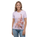 Woman wearing a light Lavender t-shirt with floral design 