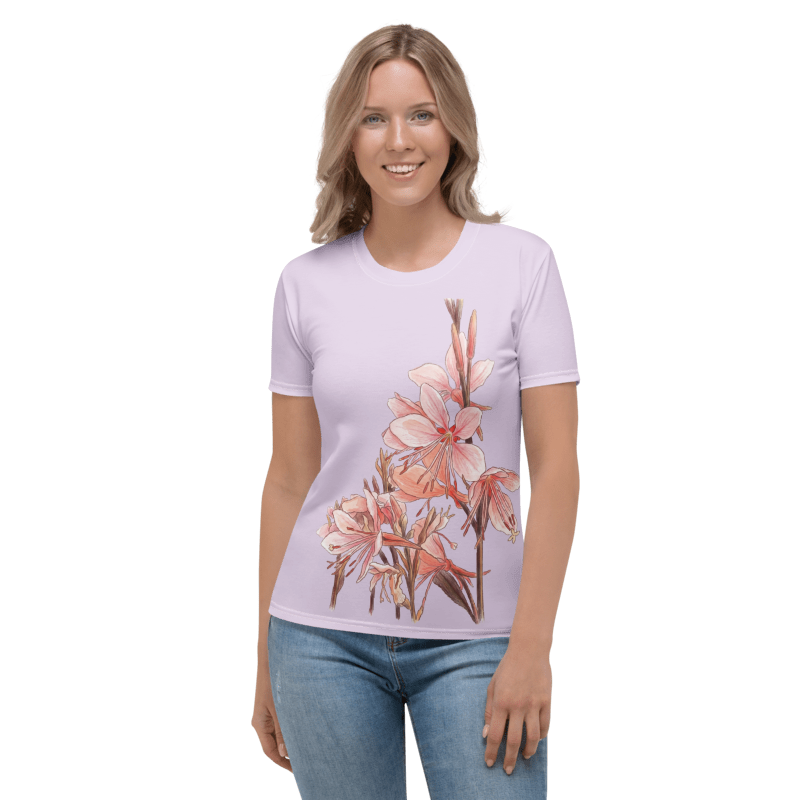 Woman wearing a light Lavender t-shirt with floral design 