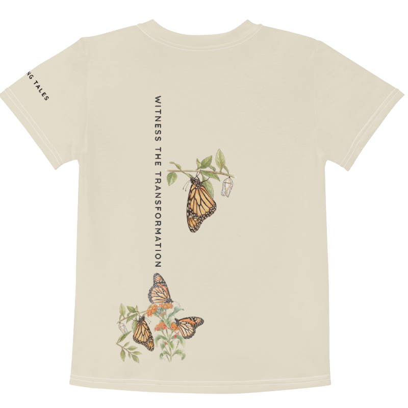 Back view of Beige t-shirt with butterfly design and text . Tinywing Tales