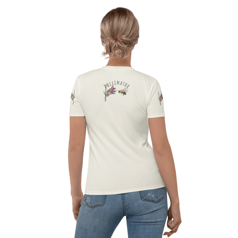 Rear view of Woman wearing a  t-shirt with floral  and Bee design and text "Small Bee, Big Job"