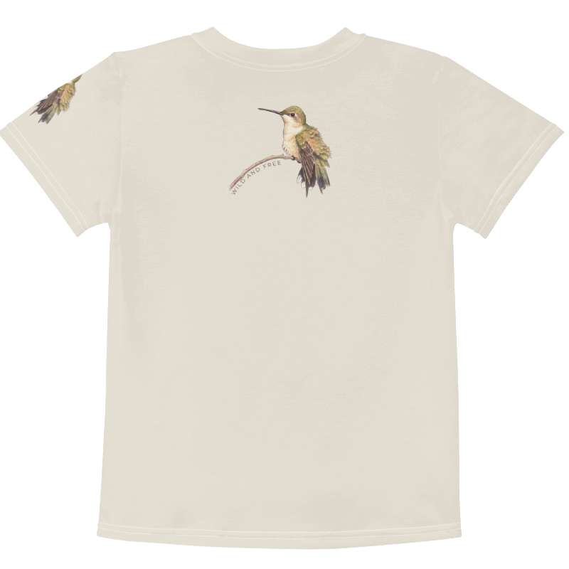 Backview of A cream colored faux pocket tee with hummingbird design. Text "Wild and Free" Tinywing Tales