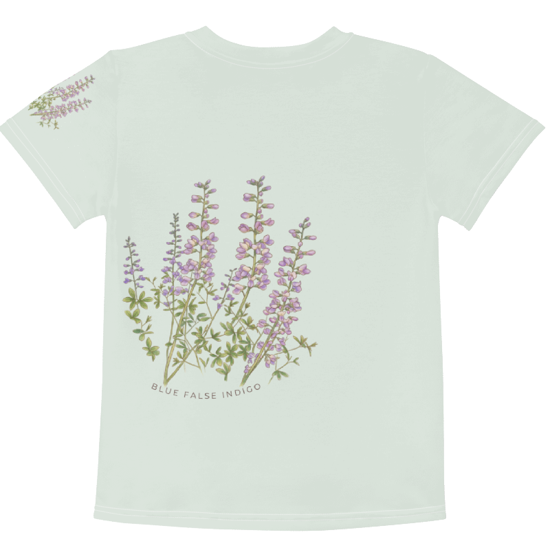 Backview Light sage t-shirt with floral design on pocket and sleeve, brand 'Bloom Bound' visible. Tinywing Tales