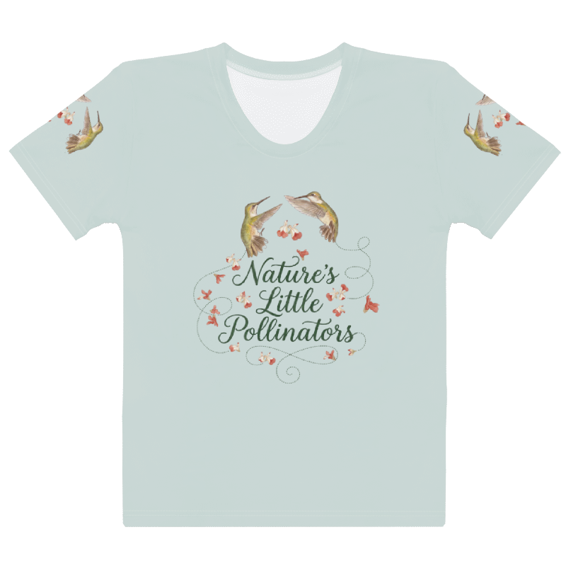 a light blue t-shirt with a graphic of hummingbirds and text "Nature's Little Pollinators"