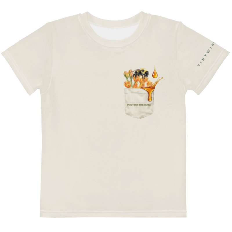 Beige t-shirt with a graphic design on the chest pocket with text "Protect The Buzz" Tinywing Tales