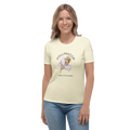 Woman wearing a light yellow t-shirt with a Bee and floral graphic design 