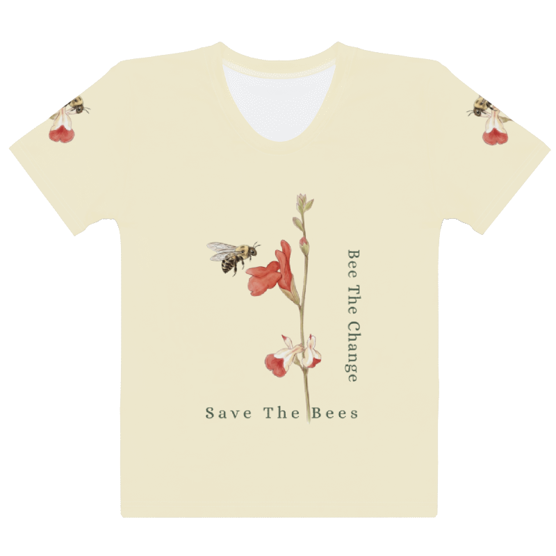 Light yellow t-shirt with bee and floral design, text 'Bee The Change Save The Bees' 