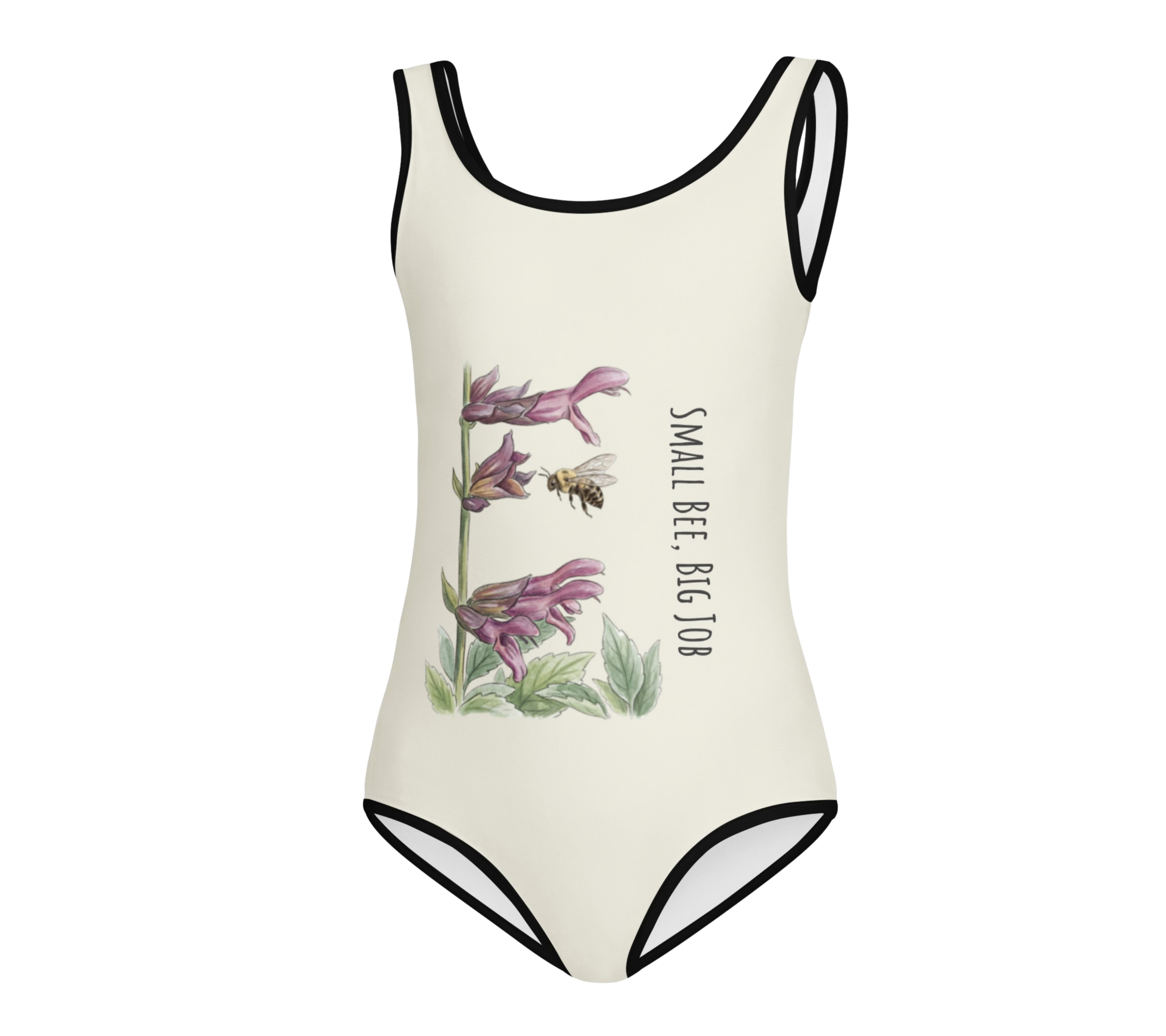 One-piece swimsuit with floral design and text on a cream background
