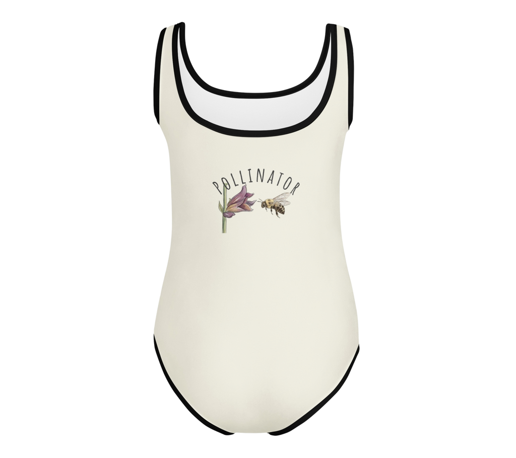 Cream swimsuit with black trim featuring a bee and flower design on a cream background