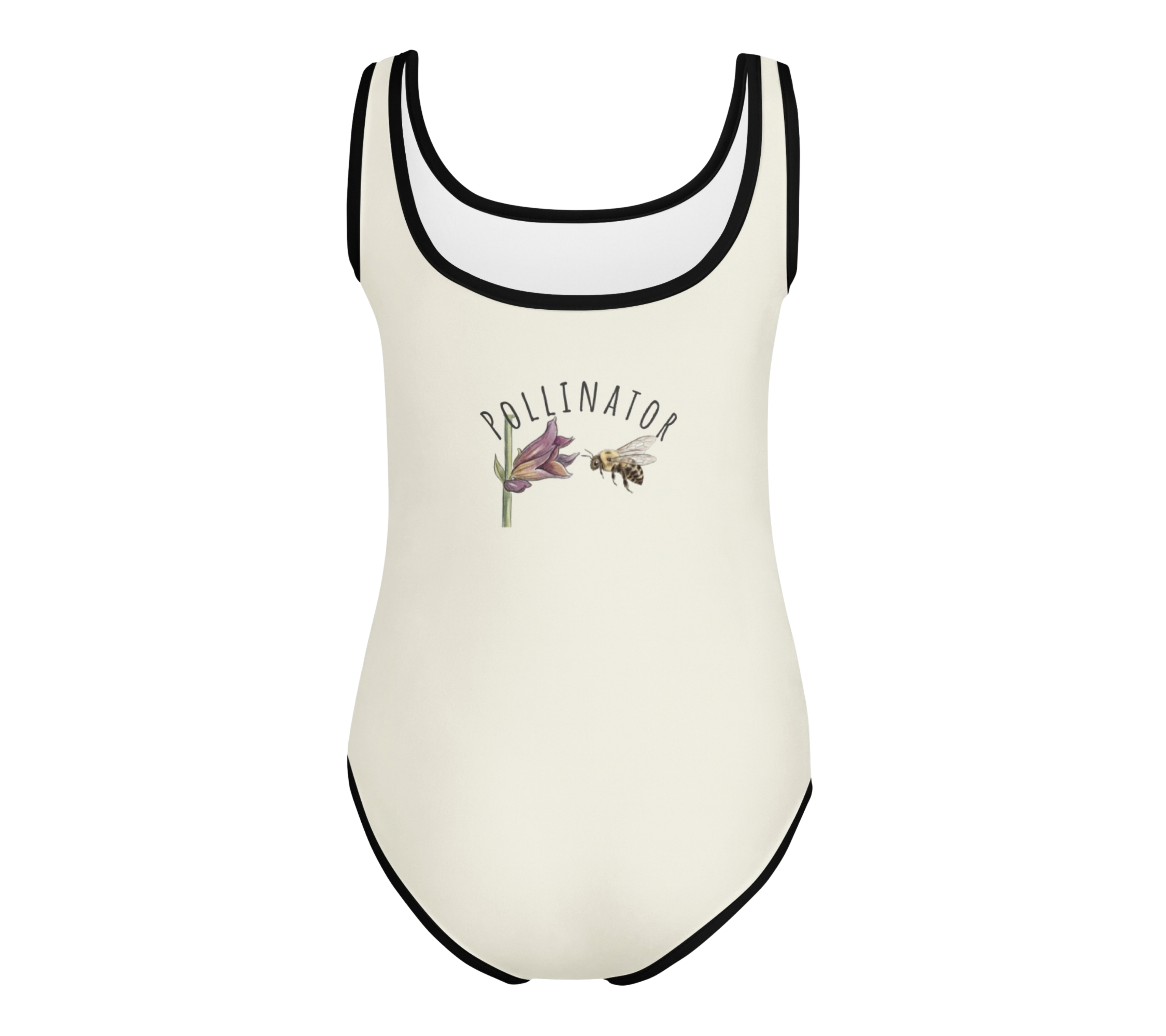 Cream swimsuit with black trim featuring a bee and flower design on a cream background