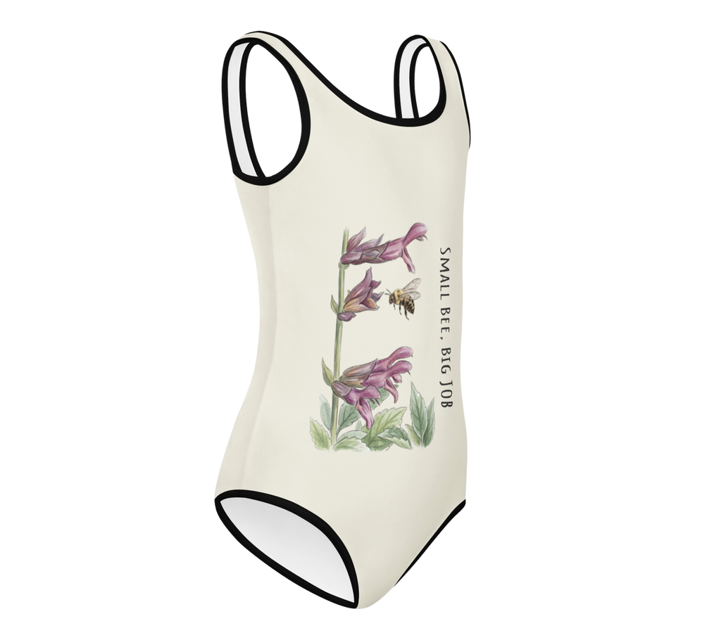 One-piece swimsuit with floral and bee design on a cream background