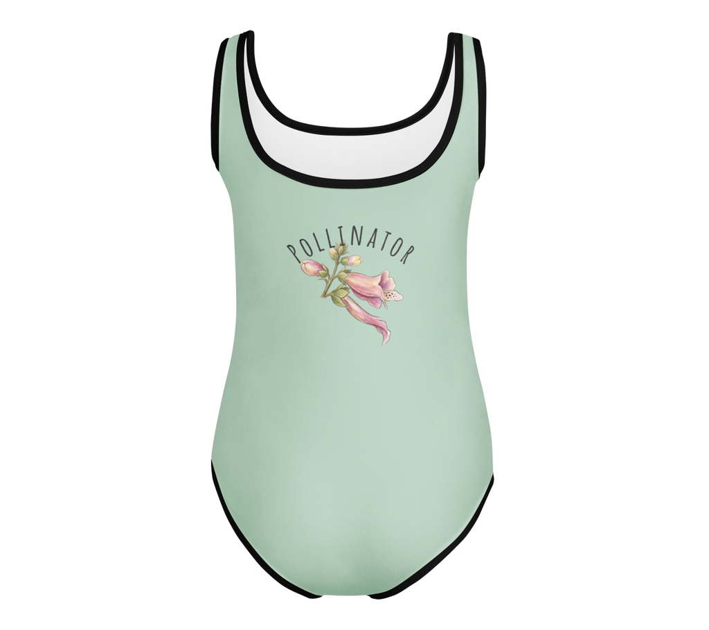 Back view of Golden Dust: "Small Bee, Big Job" Kids Swimsuit