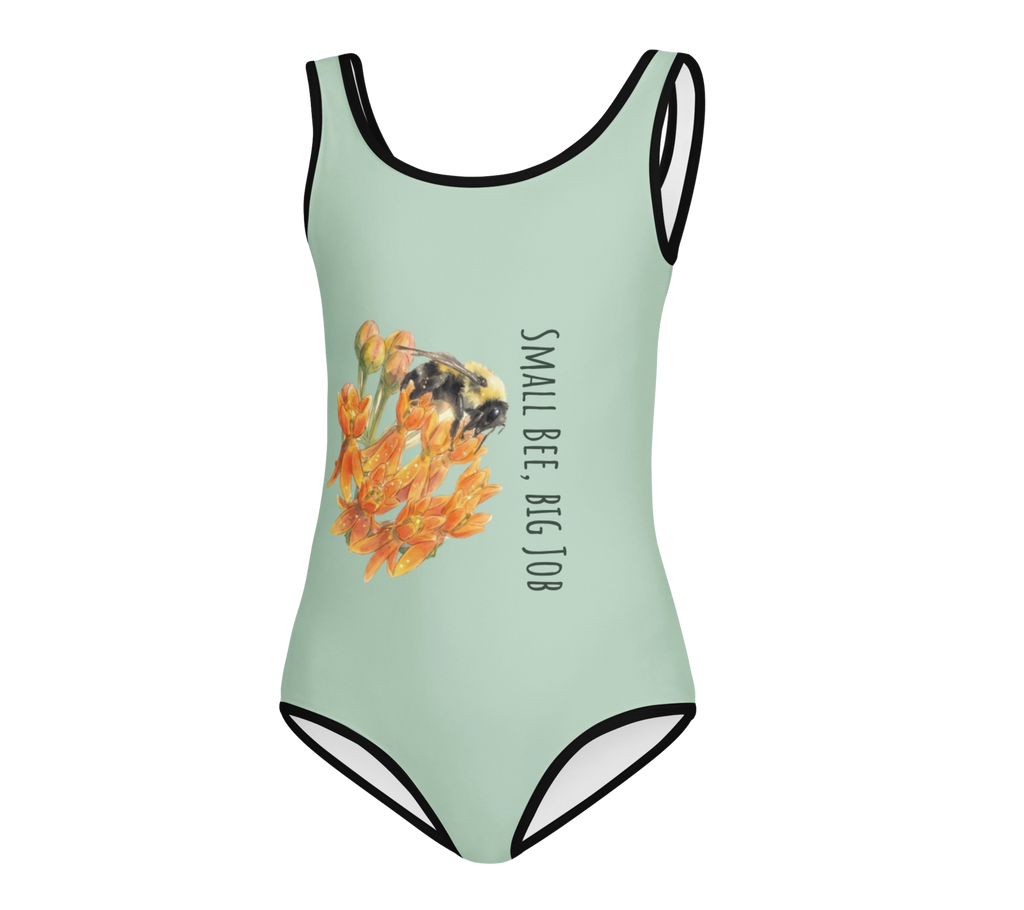 Front view of  a Tinywing Tales: Golden Dust Bumblebee Kids Swimsuit