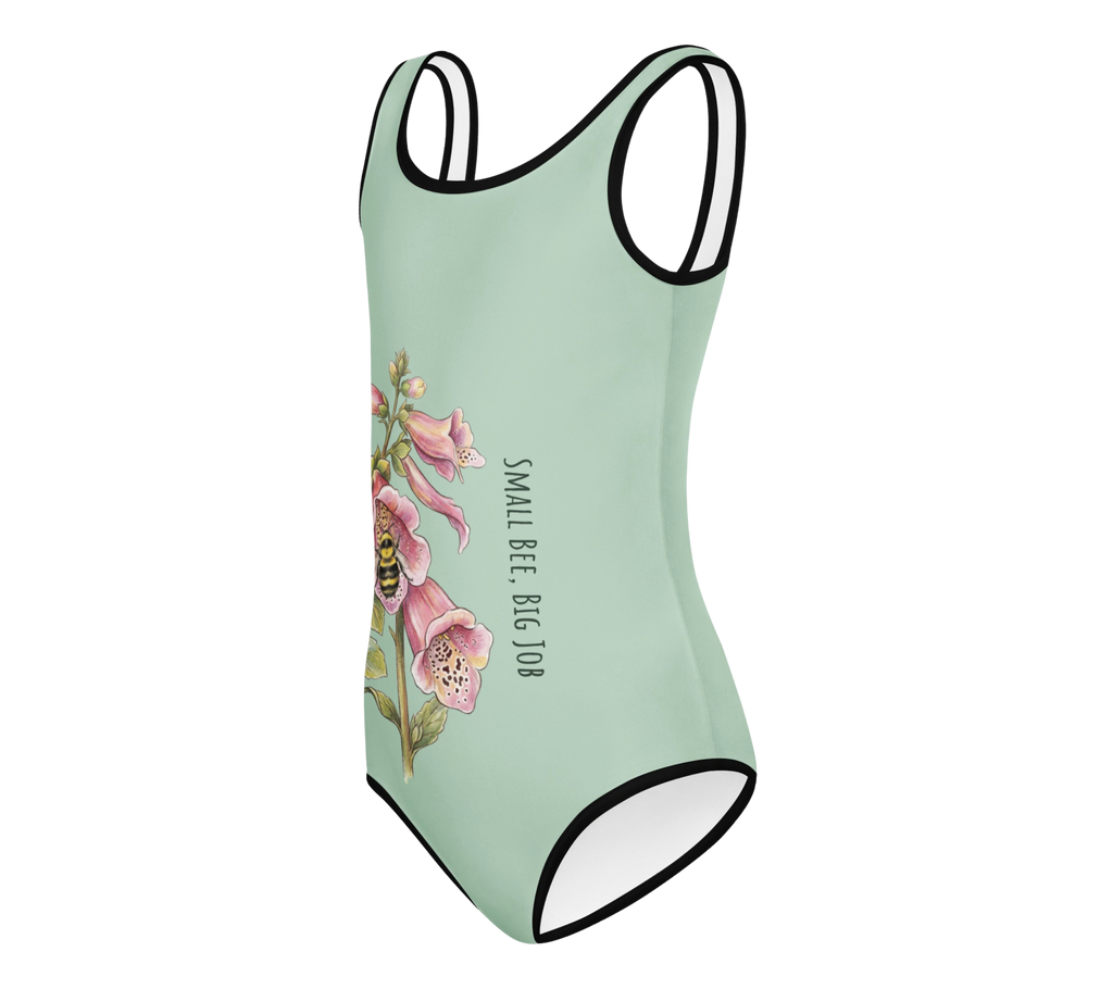 Left view of Golden Dust: "Small Bee, Big Job" Kids Swimsuit