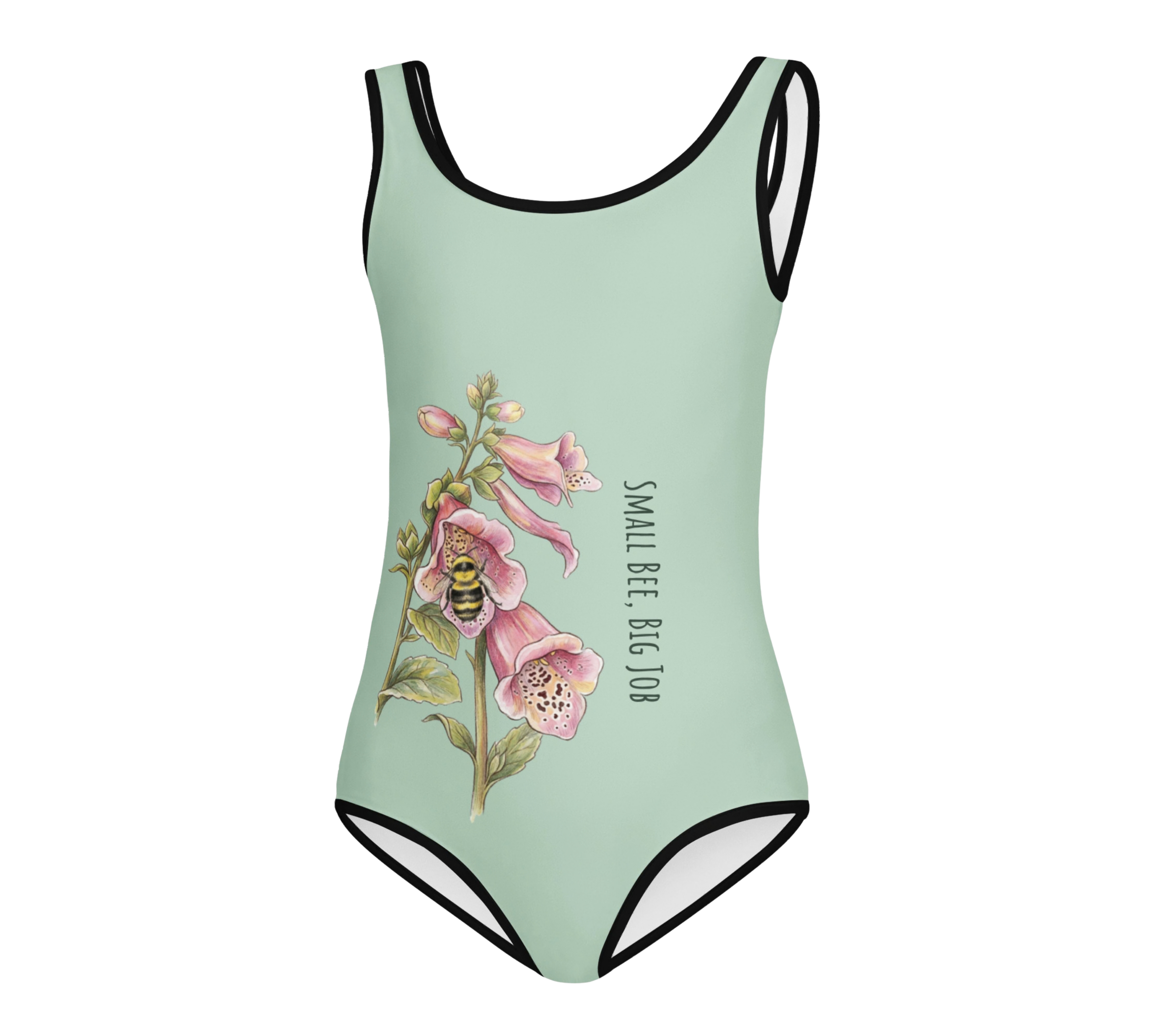 Front view of Golden Dust: "Small Bee, Big Job" Kids Swimsuit