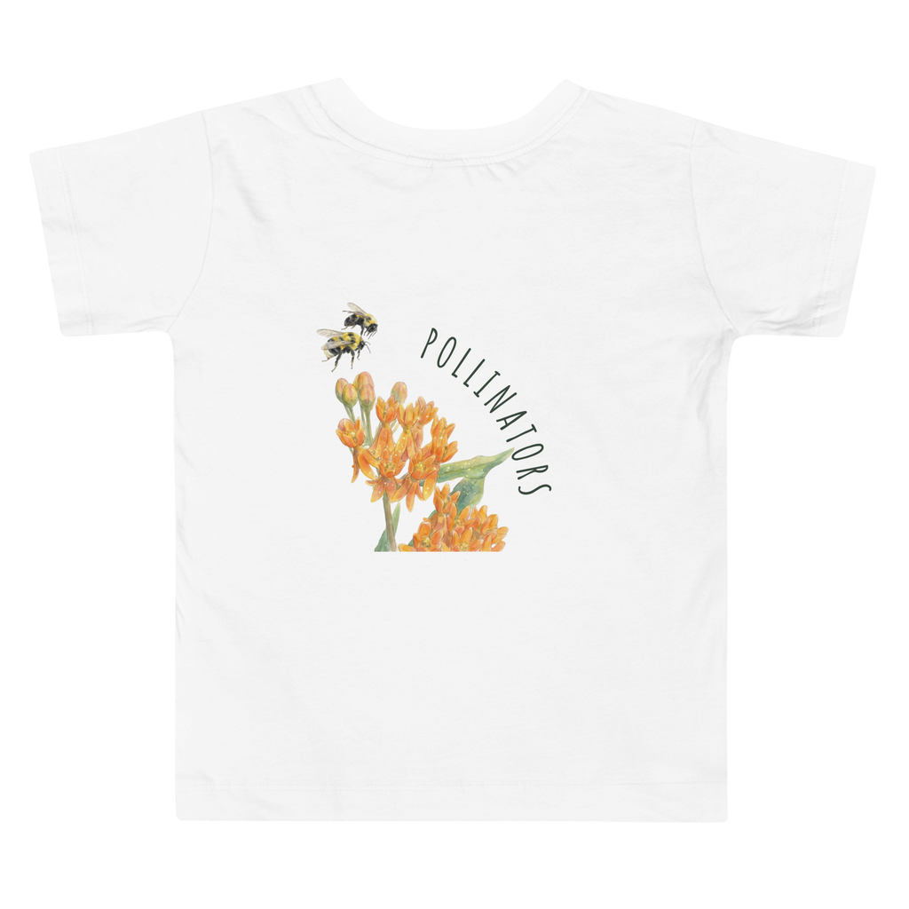 Backview of Toddler 100% cotton t-shirt in white featuring an all-over scattered pattern of bumblebees and wildflowers.