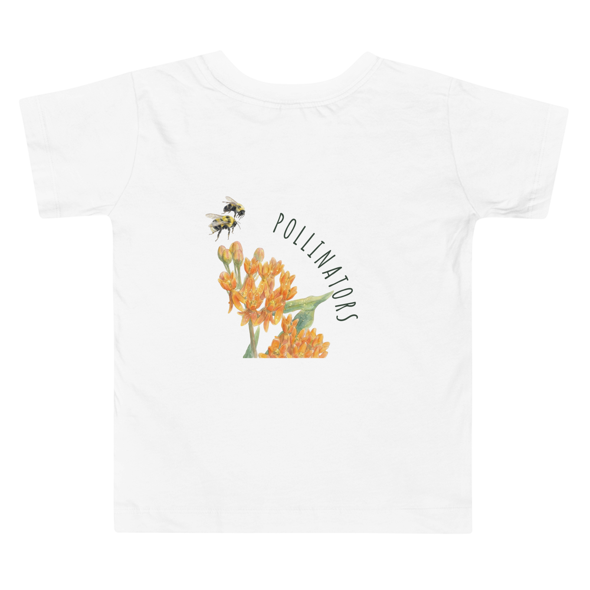 Backview of Toddler 100% cotton t-shirt in white featuring an all-over scattered pattern of bumblebees and wildflowers.