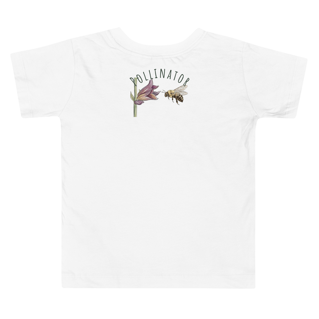 Backview of Classic 100% cotton toddler t-shirt in white featuring the Meadow Whisper bee and salvia design.
