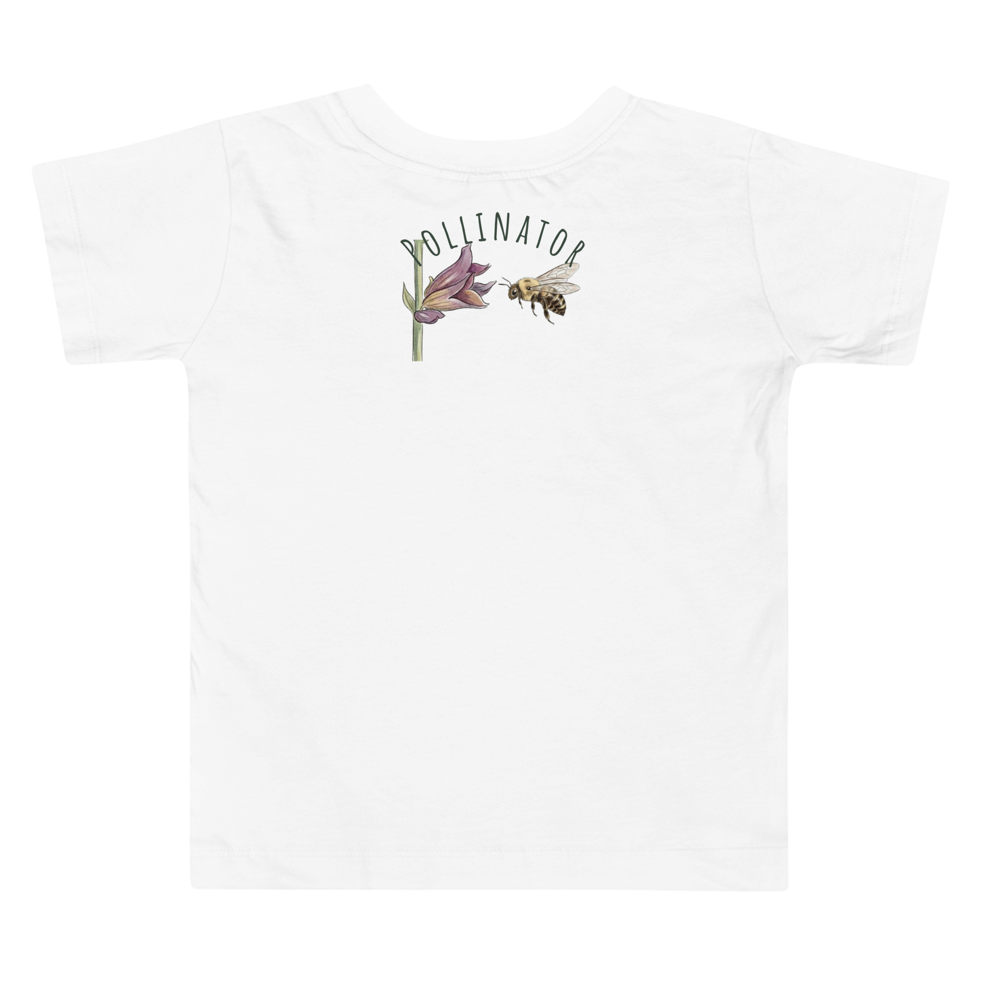Backview of Classic 100% cotton toddler t-shirt in white featuring the Meadow Whisper bee and salvia design.