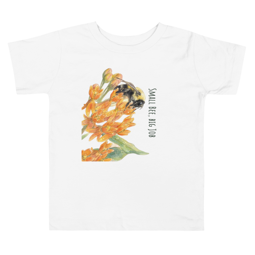 Toddler 100% cotton t-shirt in white featuring an all-over scattered pattern of bumblebees and wildflowers.