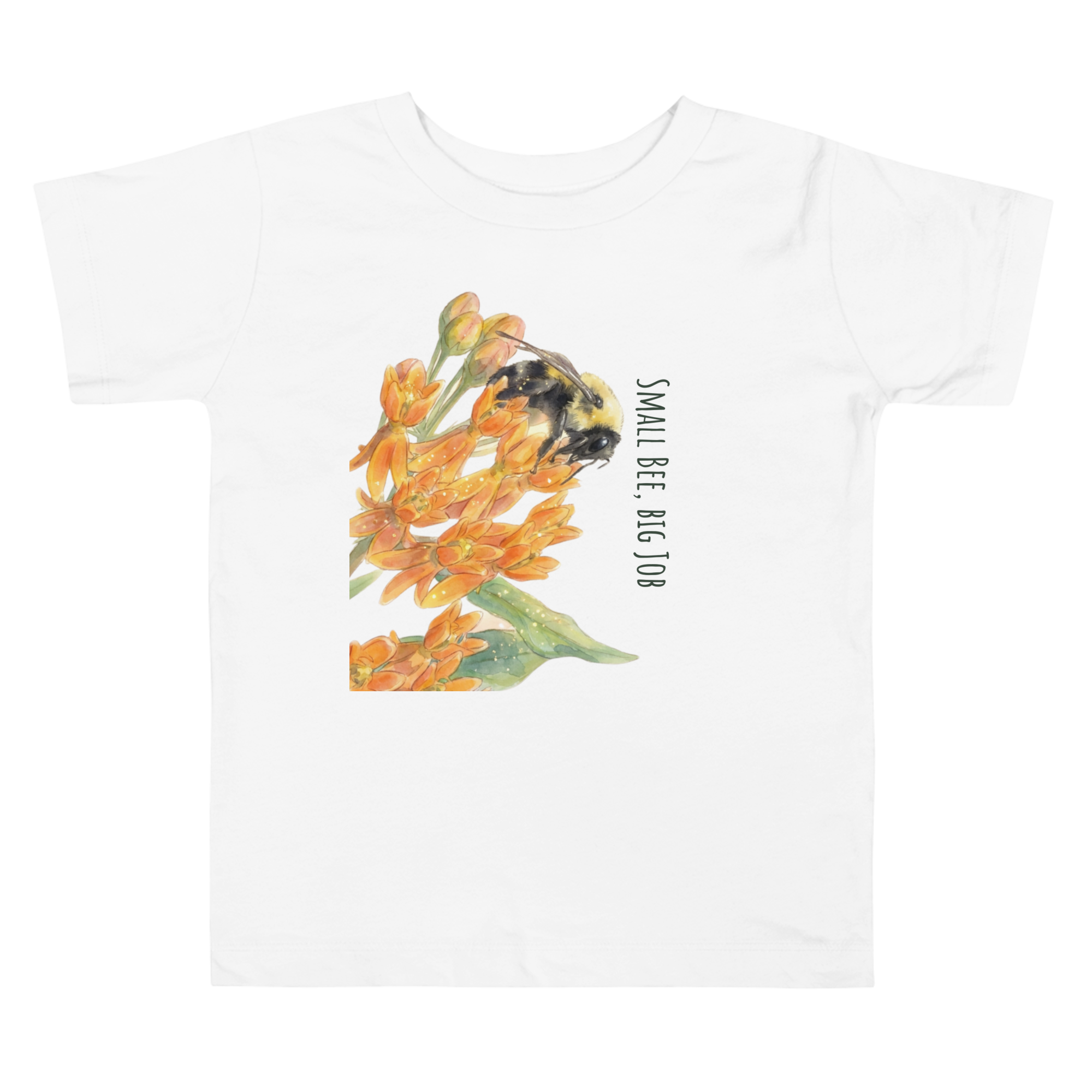 Toddler 100% cotton t-shirt in white featuring an all-over scattered pattern of bumblebees and wildflowers.