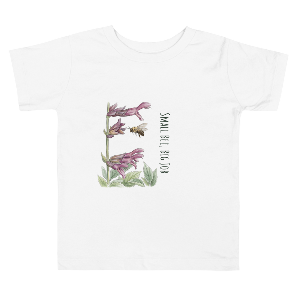 Classic 100% cotton toddler t-shirt in white featuring the Meadow Whisper bee and salvia design.