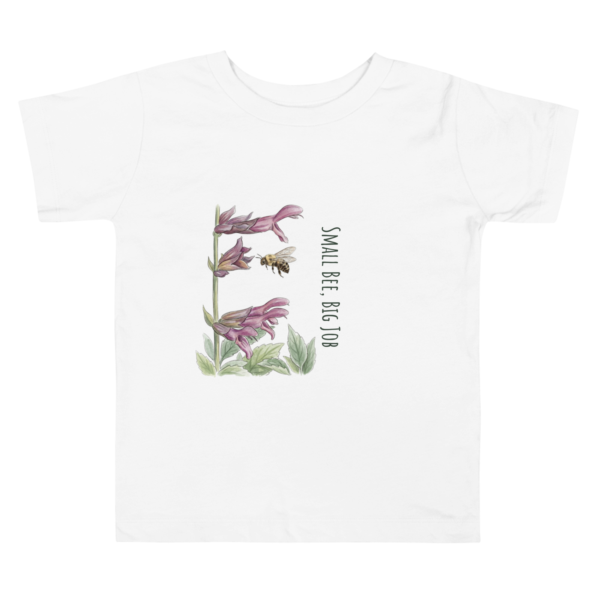 Classic 100% cotton toddler t-shirt in white featuring the Meadow Whisper bee and salvia design.