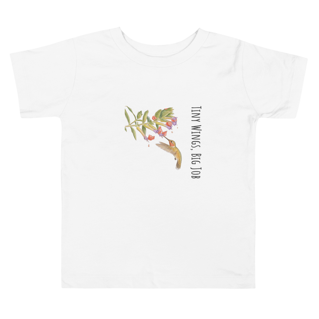 White t-shirt with floral design and text on a white background