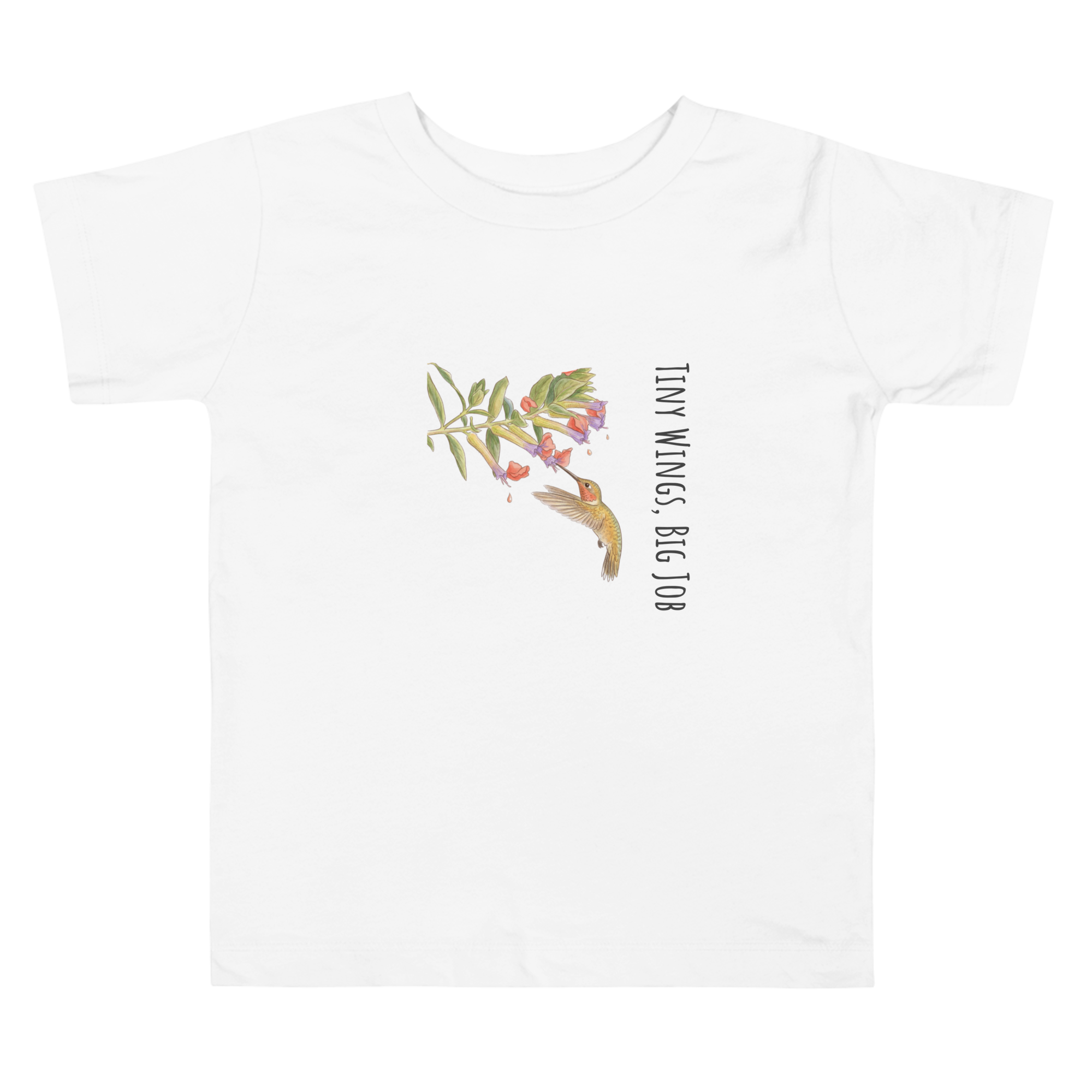 White t-shirt with floral design and text on a white background