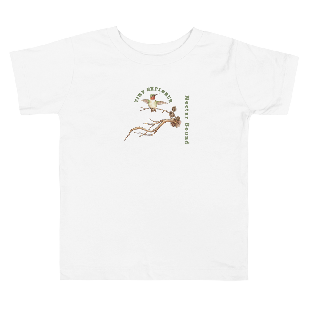 White t-shirt with a nature-themed design and text on a white background