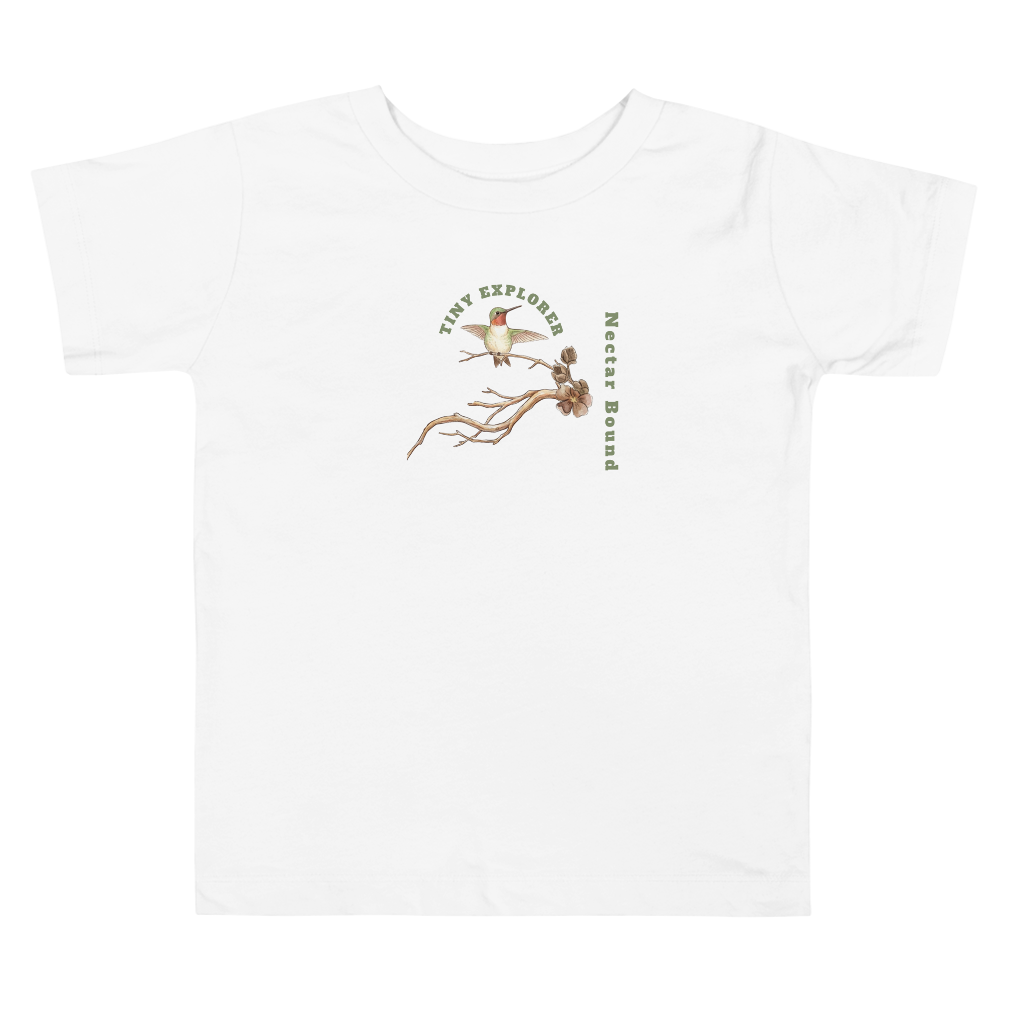 White t-shirt with a nature-themed design and text on a white background