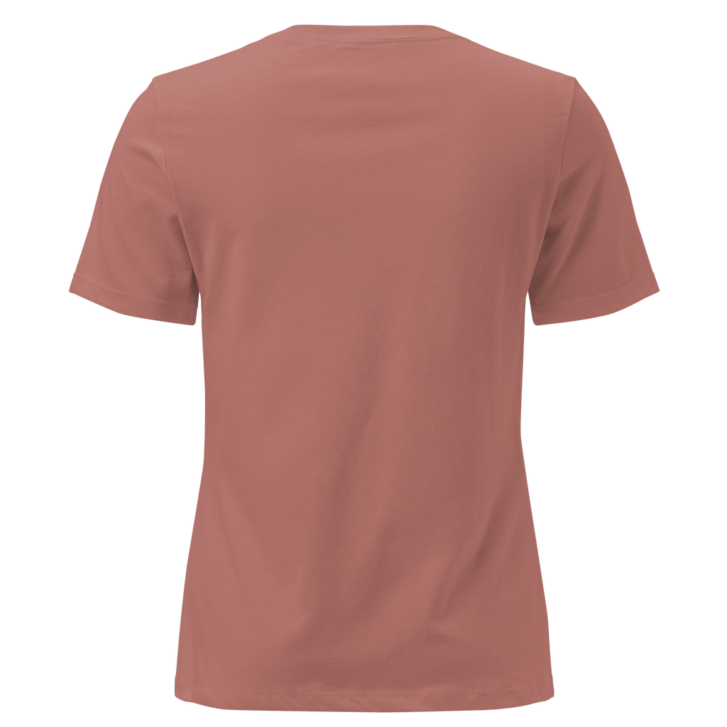 back view of Woman wearing a mauve t-shirt with a hummingbird photo on the front