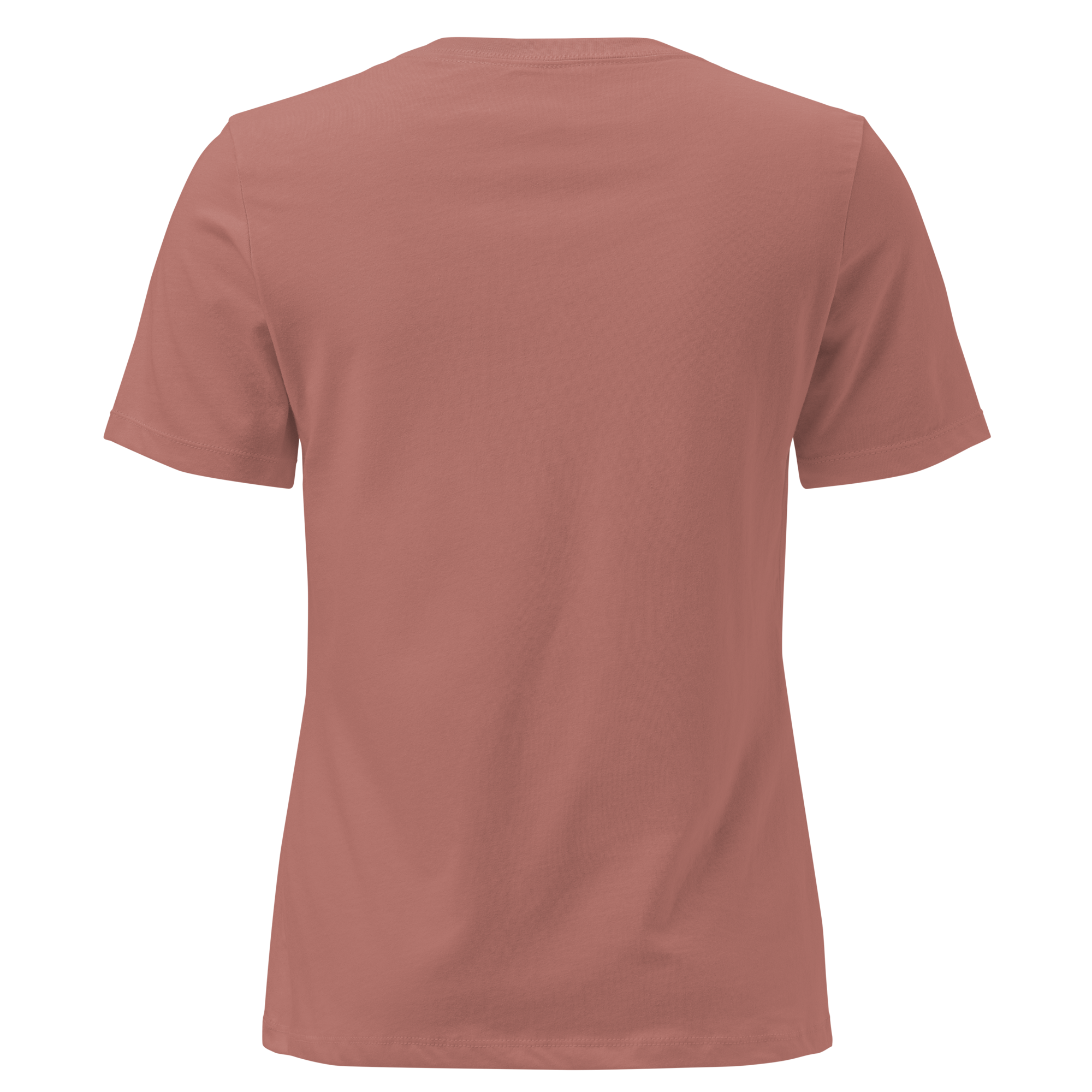 back view of Woman wearing a mauve t-shirt with a hummingbird photo on the front