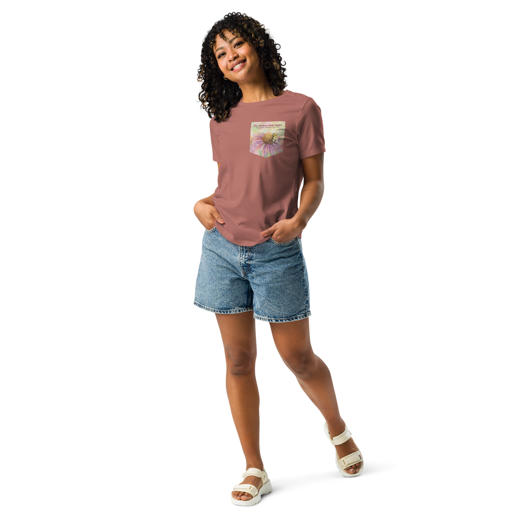 Woman wearing a mauve faux pocket tee with a nature-themed design, bee and condflower  and shorts