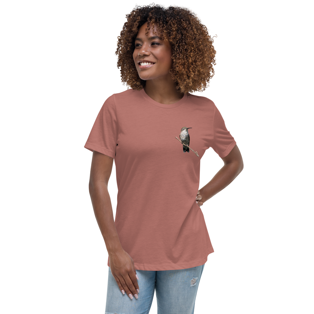 Woman wearing a mauve t-shirt with a hummingbird photo on a branch
