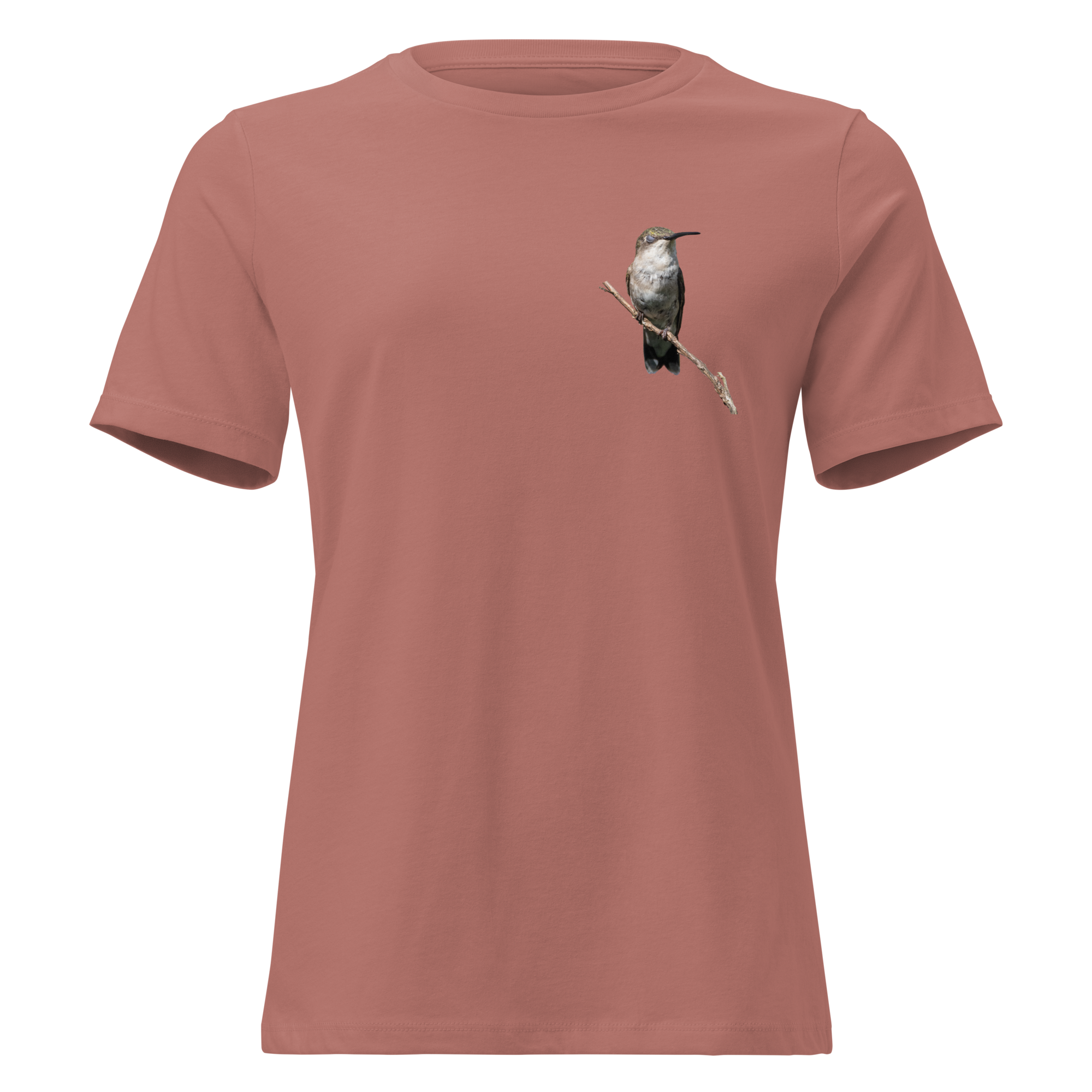 Mauve t-shirt with a hummingbird design on a branch