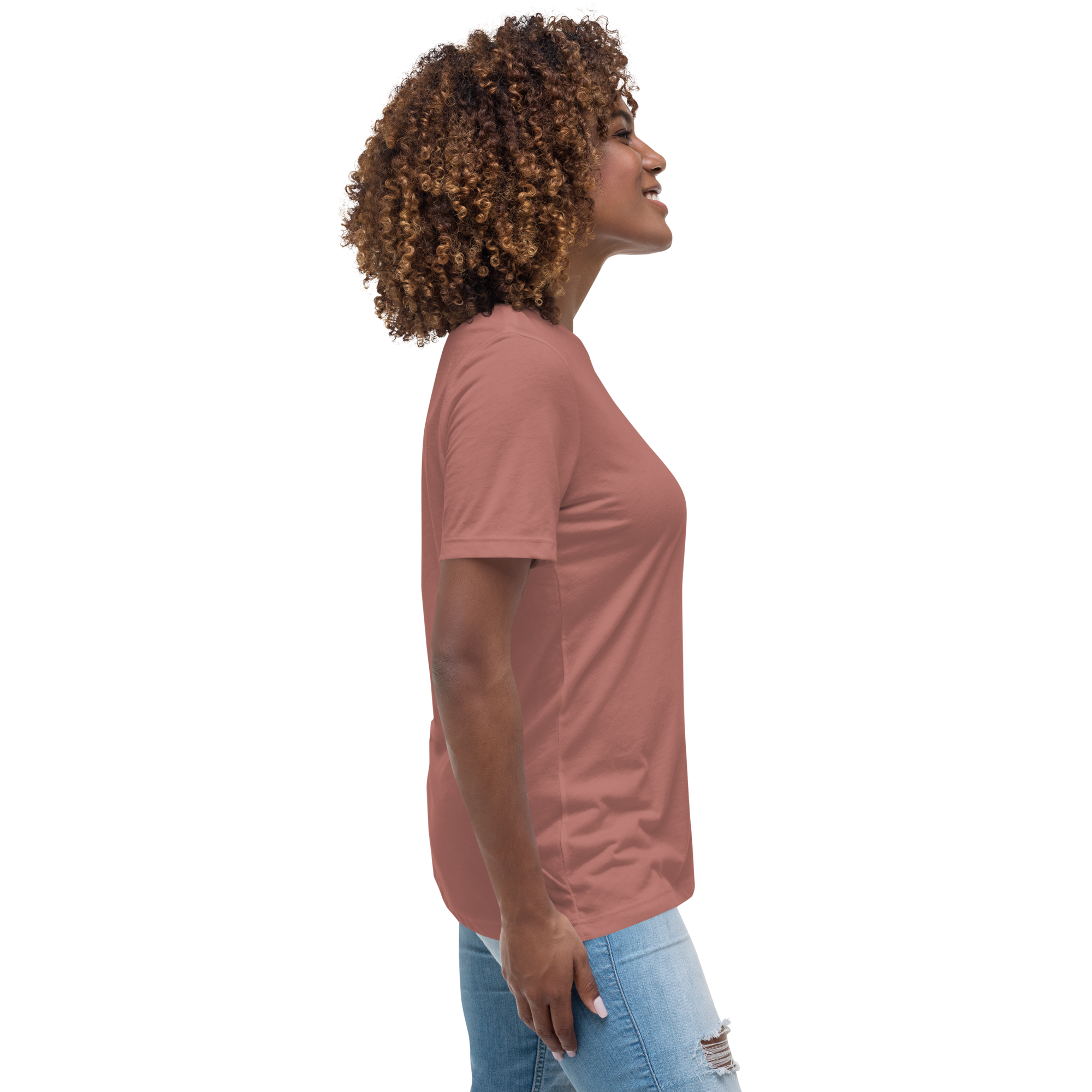 right view Woman wearing a mauve t-shirt with a hummingbird photo on a branch