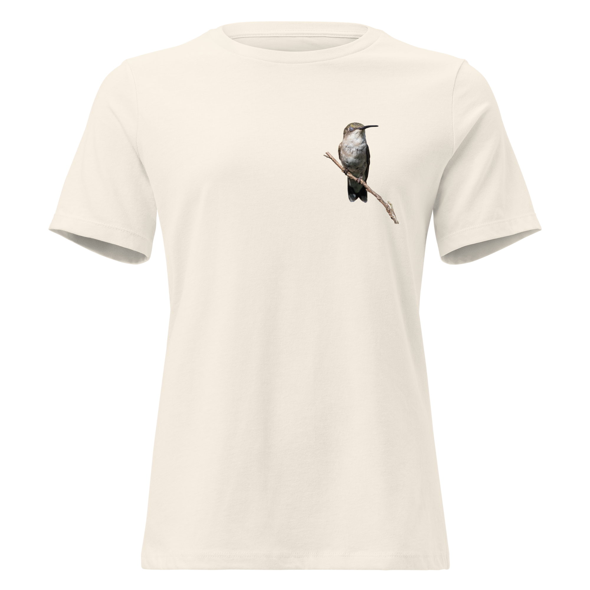 a natural color t-shirt with a hummingbird photo on a branch