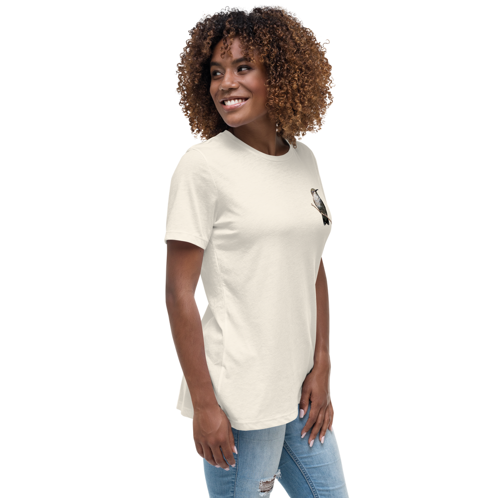 right view of Woman wearing a natural color t-shirt with a hummingbird photo on a branch