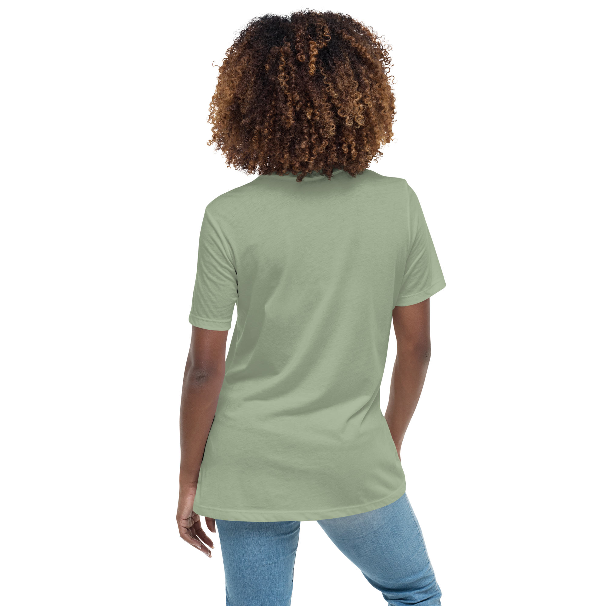 back view of Woman wearing a sage t-shirt with a hummingbird photo on the front